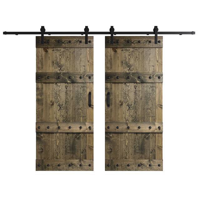 72in x 84in Castle Series Pine Wood Double Sliding Barn Door With Hardware Kit - Aged Barrel
