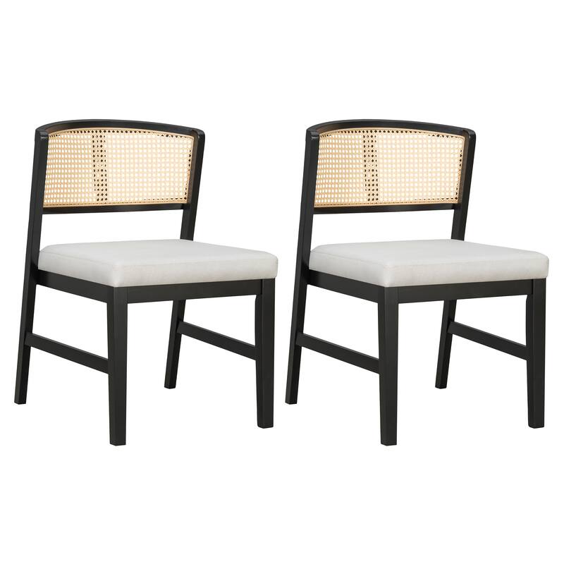 Rattan Dining Chairs Set of 2, Armless Dining Chairs Upholstered Kitchen Side Chairs with Curved Rattan Back, Hardwood Frame