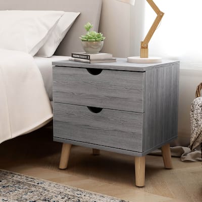 DH BASIC Mid-Century Modern Distressed Grey 2-Drawer Nightstand by Denhour