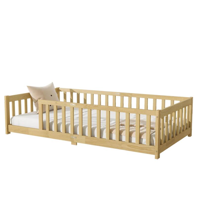 Rubber Wood Twin Size Floor Bed with Fence without Door
