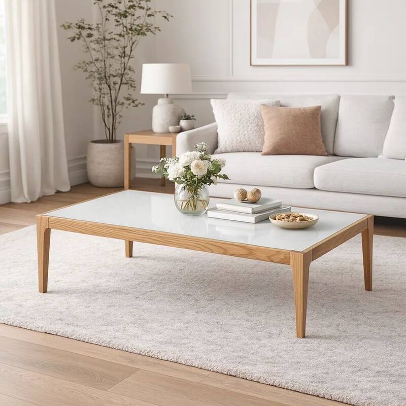 Wooden Frame Rectangular Coffee Table with Beveled Tempered Glass Top, Brown and Clear