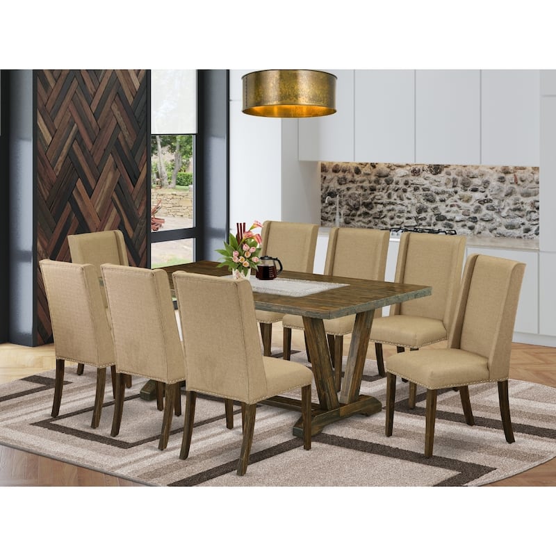 Asian Dining Set - 9 Piece Table & Chairs - 40x72 Inch Rectangle Table - Linen Fabric Upholstered Chairs - Dark Khaki