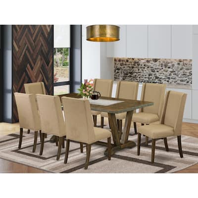 Asian Dining Set - 9 Piece Table & Chairs - 40x72 Inch Rectangle Table - Linen Fabric Upholstered Chairs - Dark Khaki