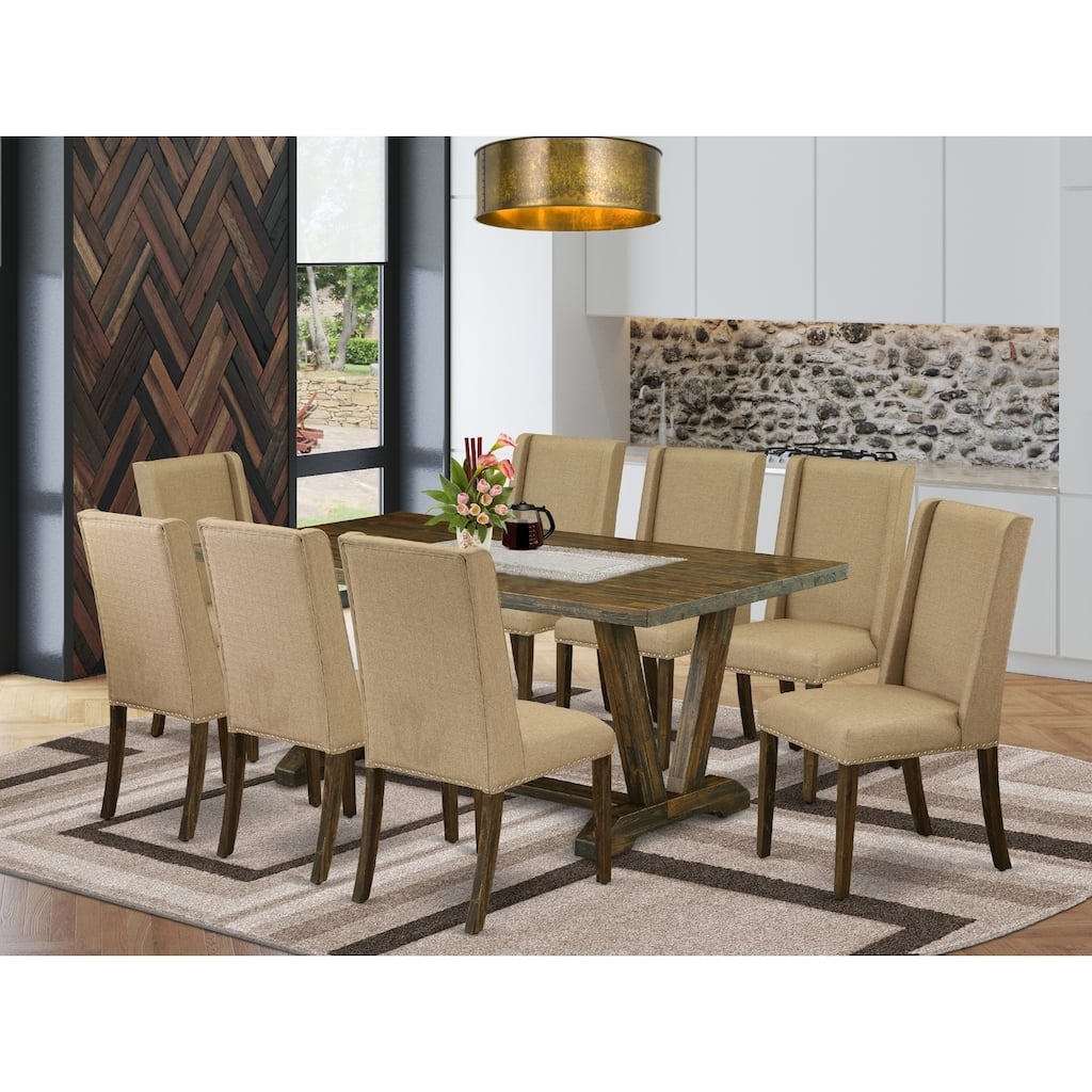 Asian Dining Set - 9 Piece Table & Chairs - 40x72 Inch Rectangle Table - Linen Fabric Upholstered Chairs - Dark Khaki
