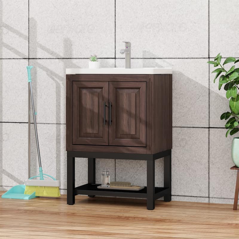 24" Bathroom Vanity with White Ceramic Sink & Hot and Cold Faucet - Walnut
