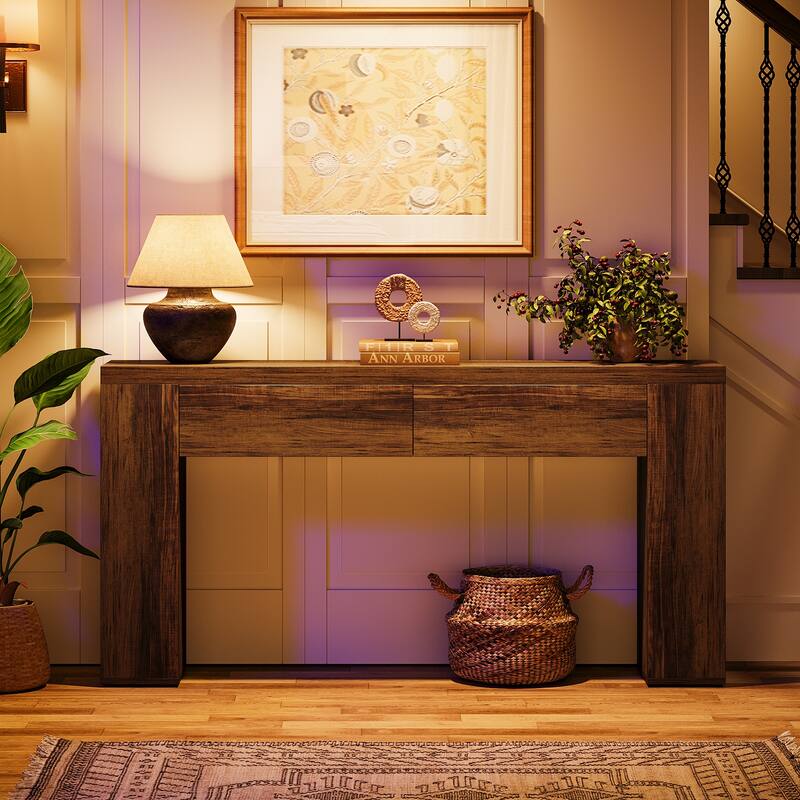 63-Inch Wooden Console Table with 2 Hidden Drawers, Sofa Table for Living Room, Hallway, Entrance, Foyer