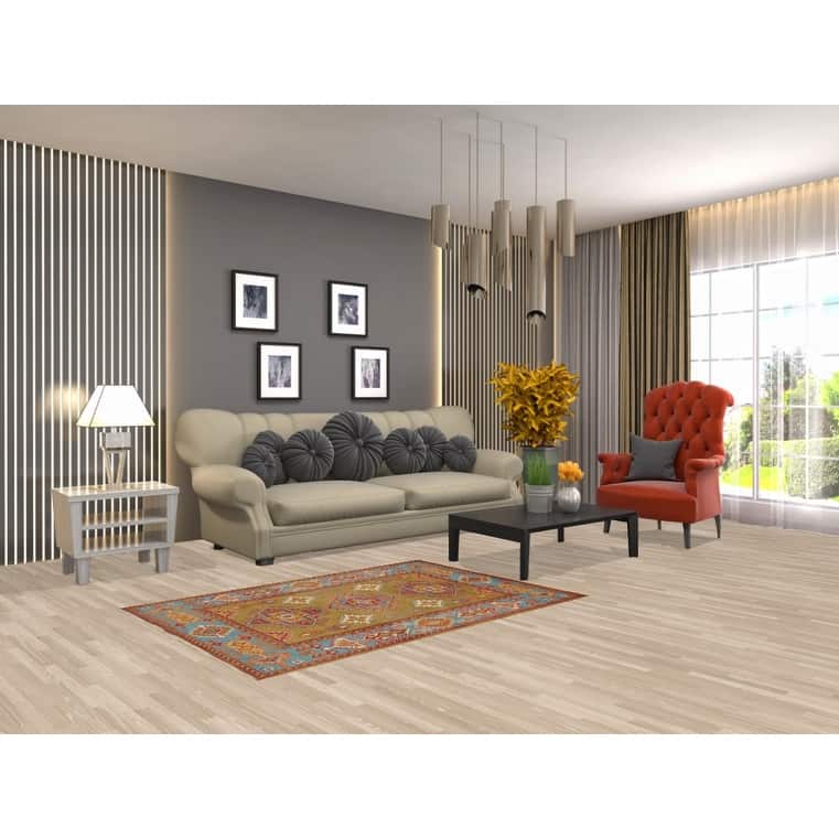 Kazak Accent Rug Handmade Yellow Geometric Wool Carpet - 3'4" x 4'10"