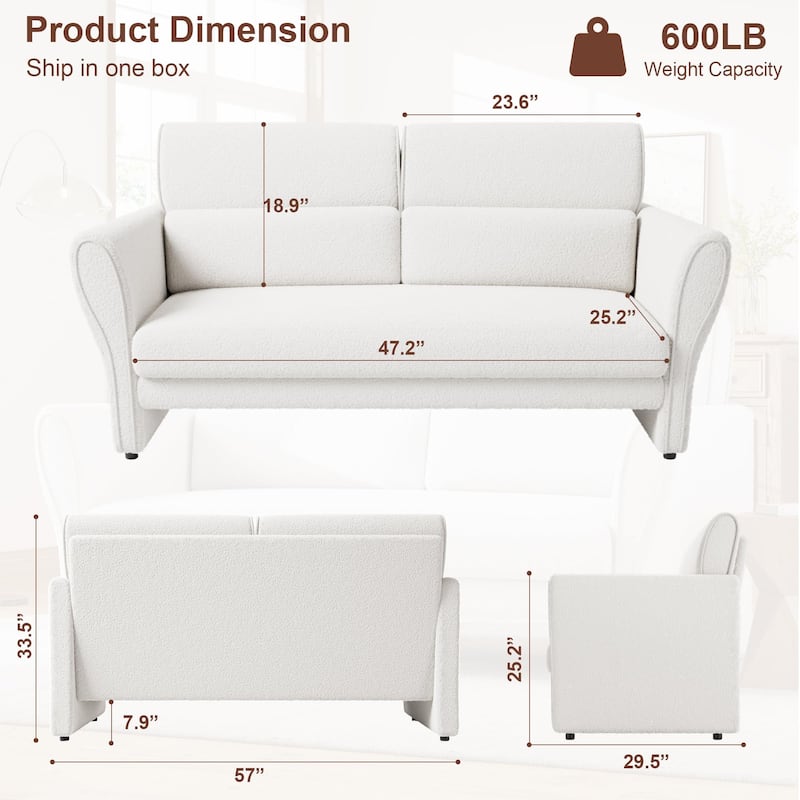 Modern Beige Couch, 57 Inch Deep Seat Loveseat Sofa with 2 Removable Lumbar Pillows, High Backrest
