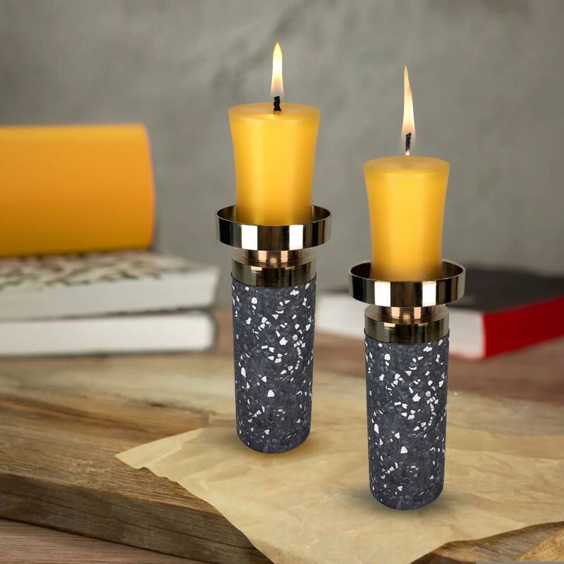Gray Cement Candlestick Set of Two with Splattering and Gold Accent