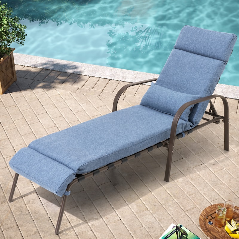 Outdoor Adjustable Patio Chaise Lounge Chair with Cushion Beach Poolside - Dark Blue