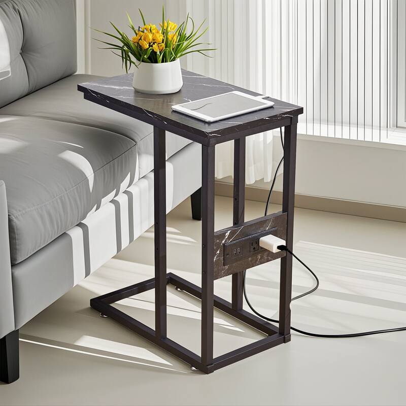 Javlergo C Shaped Side Table, Small End Table with USB Ports and Outlets for Small Spaces - Marble Black