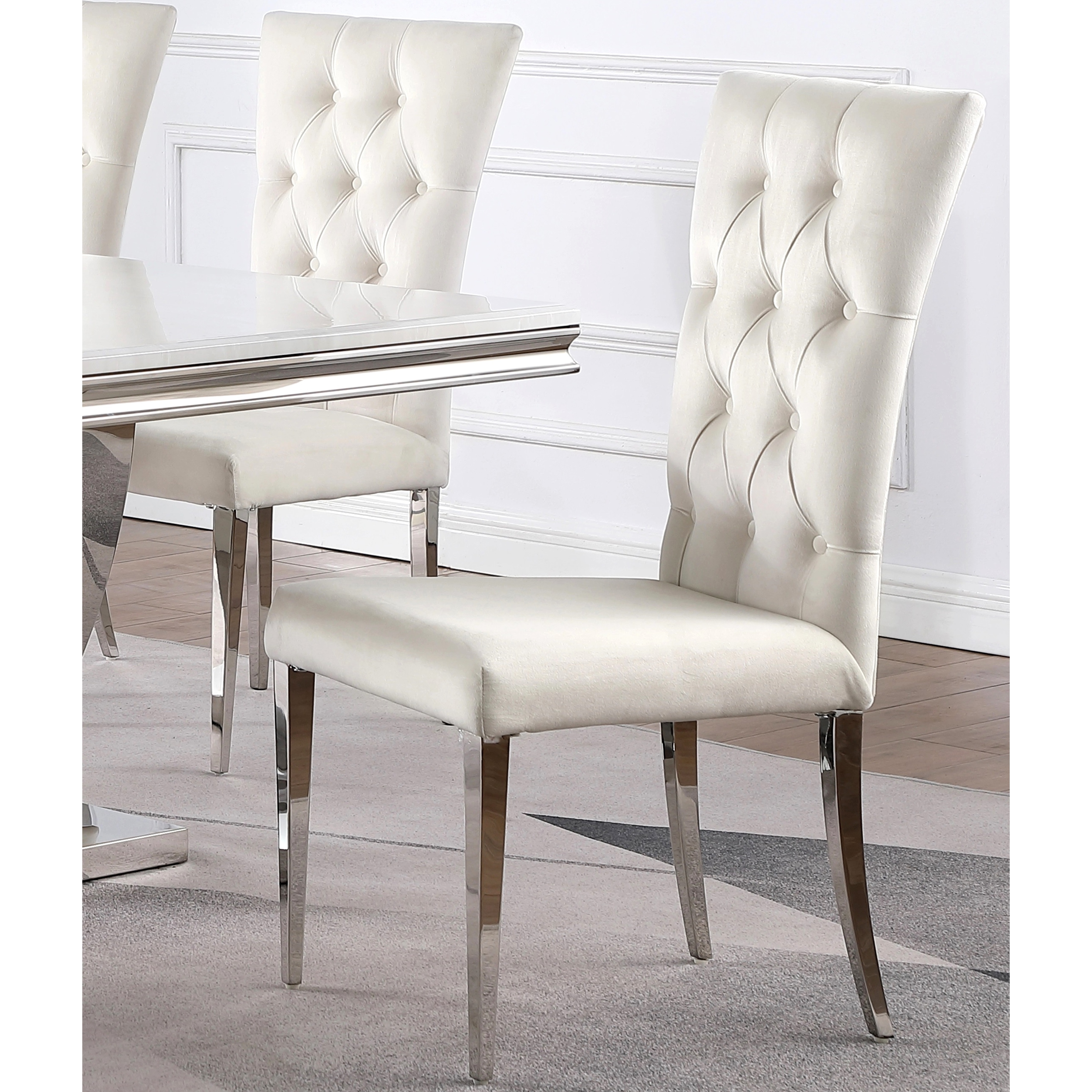 Luxurious Button Tufted White Velvet and Chrome Legs Dining Chairs