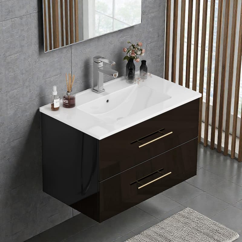 30" Gloss Wall-Mounted Bathroom Vanity with Integrated Ceramic Sink, Double Drawers & Long Metal Handle for Modern Bathrooms
