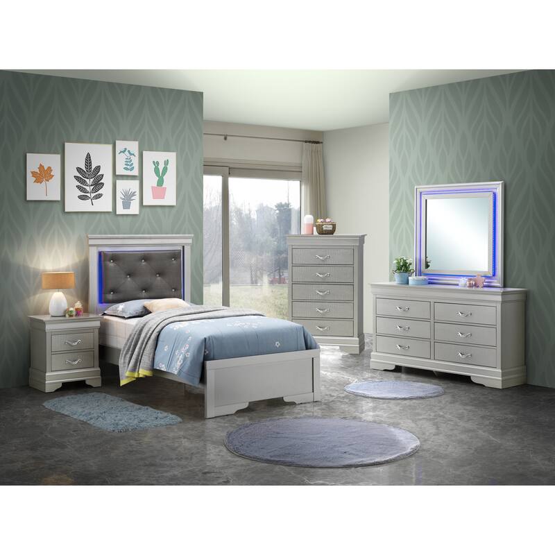 Silver Champagne Twin Bed with LED Accent Headboard