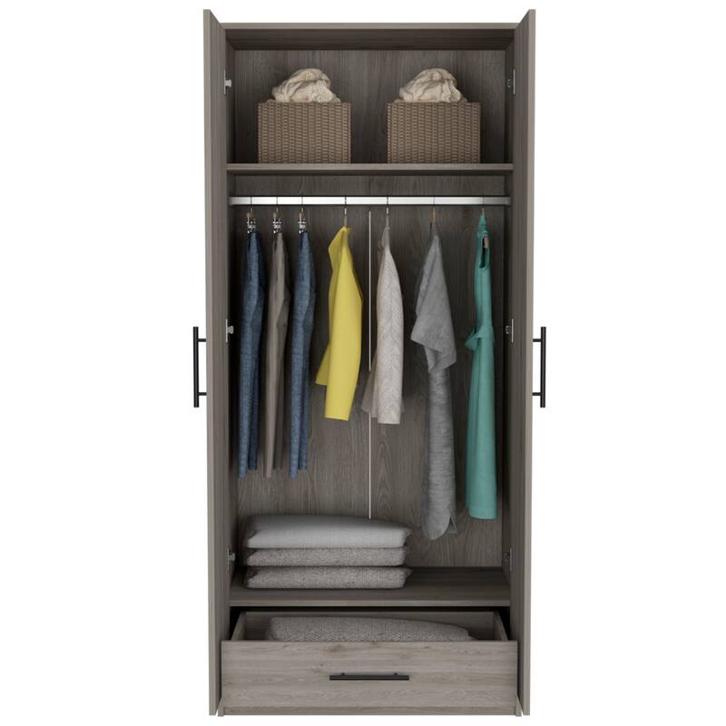 31.5" Modern Double-door Armoire with Metal Rod, Two Shelves and One Drawer