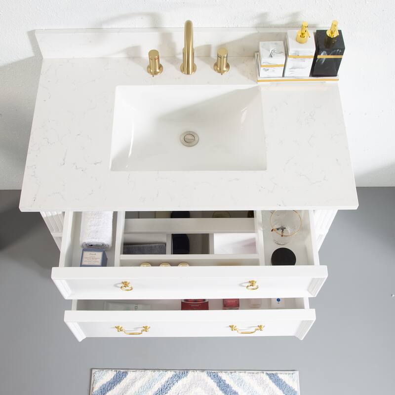 35'' H X 36'' W Solid Wood Bath Vanity with Stain-resistant Carrera White Quartz Top and Single Sink