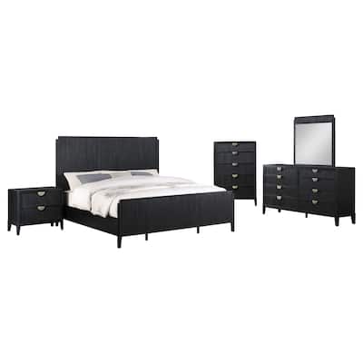 Jack 5pc Queen Bedroom Set, Fluted Black Wood, Dresser Chest, Mirror
