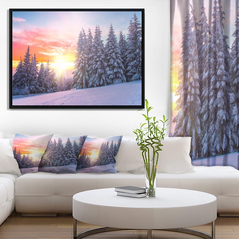 Designart "Winter Sunset in Bulgaria" Landscape Photo Framed Canvas Art Print