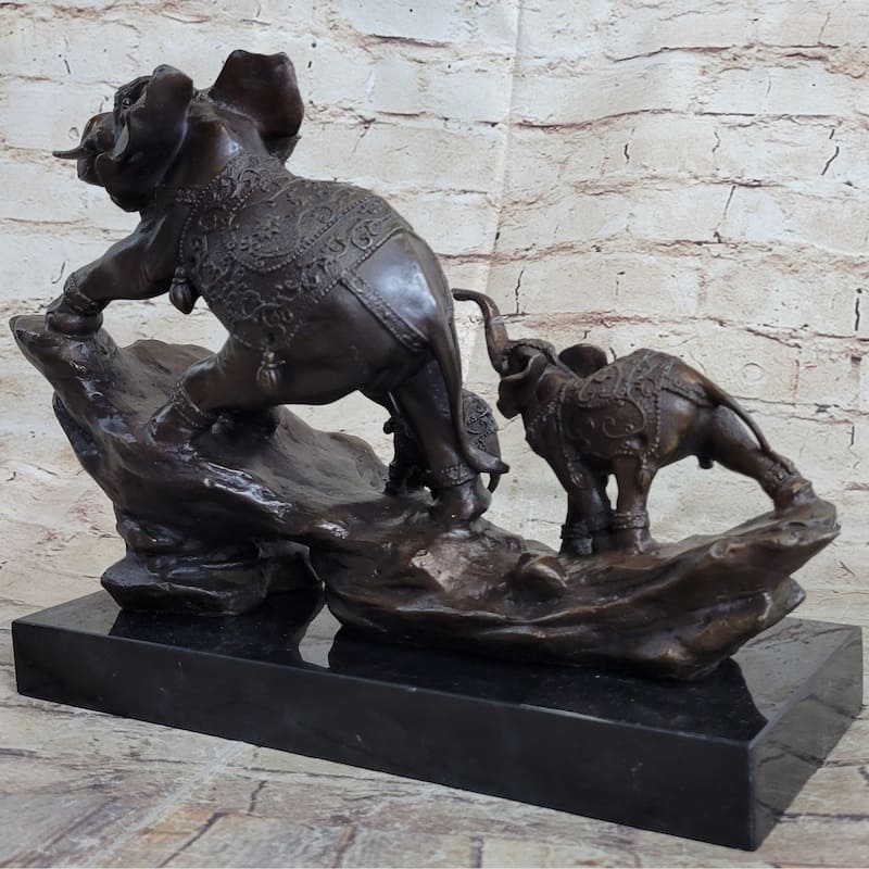Signed Bologna Indian Mother Elephant And Calves Bronze Sculpture Home Decor Art