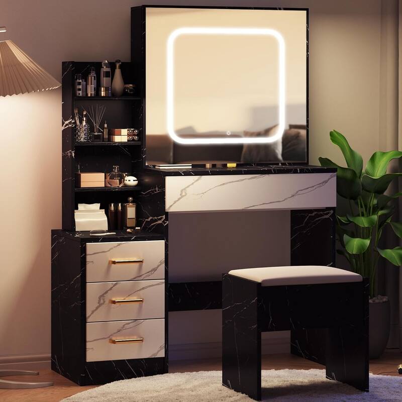 4 Drawers Dressing Table, Makeup Vanity Desk with 3 Color Adjustable Lights Mirror for Bedroom