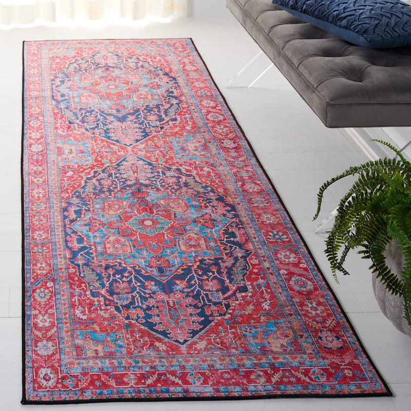 SAFAVIEH Tucson Machine Washable Slip Resistant Winnie Oriental Medallion - 2' 6" x 10' - Navy/Red - Runner
