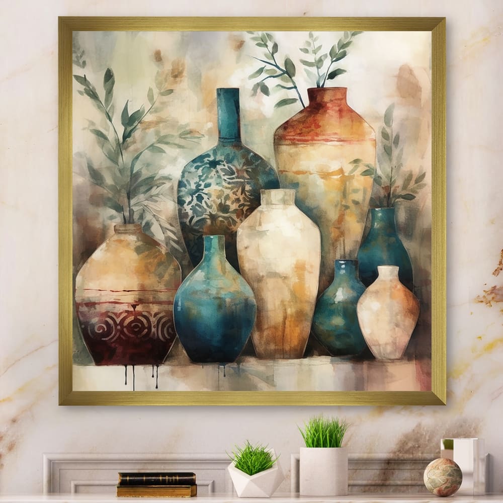 Designart "Green And Orange Artisanal Boho Pottery I" Boho Pottery Framed Wall Decor
