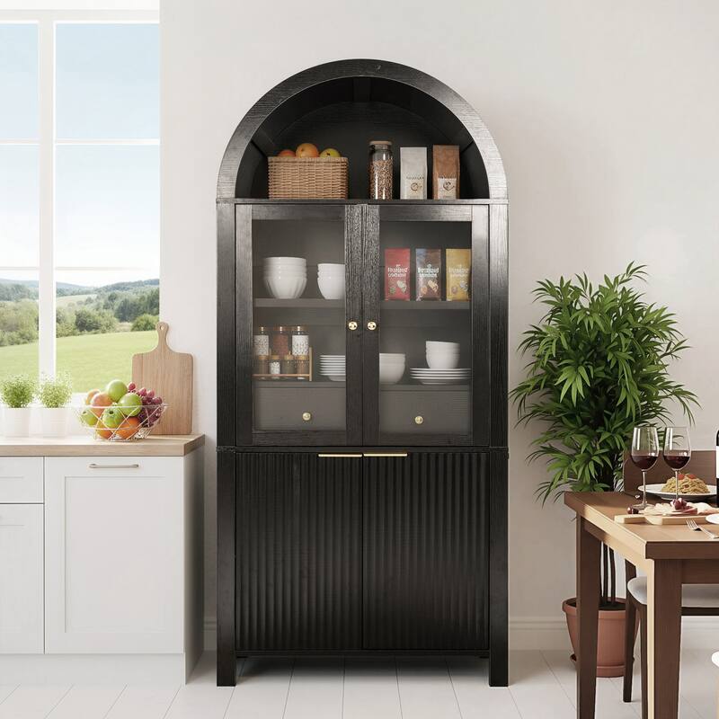 71" Fluted Tall Pantry Cabinet with Arched Glass Door, Hidden Drawer, Wood Display Storage Cabinet with Adjustable Shelves