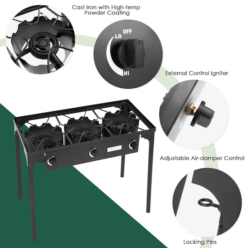 Outdoor Camping Stove 3 Burner Propane Gas Cooker for Camp Patio