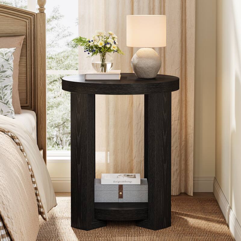 2-Tier Round End Table, Side Accent Snack Table, Living Room Bedroom Bedside Nightstand Furniture