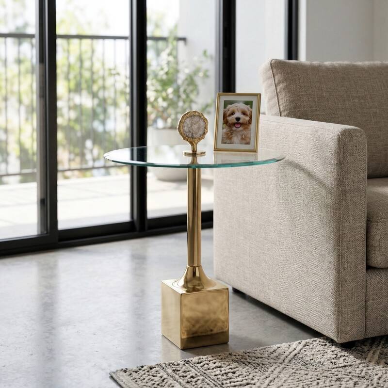 Accent Side Table with Glass Top and Sculptural Base - 23" - 23.0"