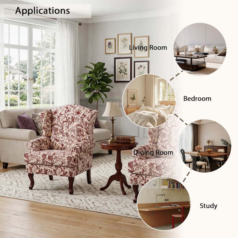 2 Set Traditional Rolled Arm Wing Back Accent Chair