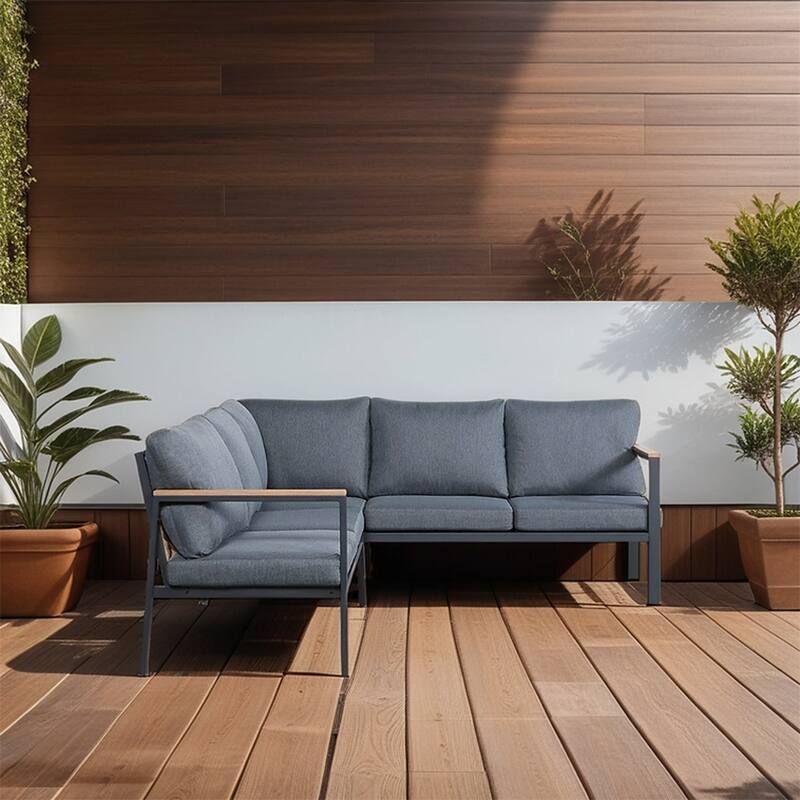 Rossio Outdoor 4 Piece Conversation Set,Aluminum Frame， Slatted Teak Wood Top