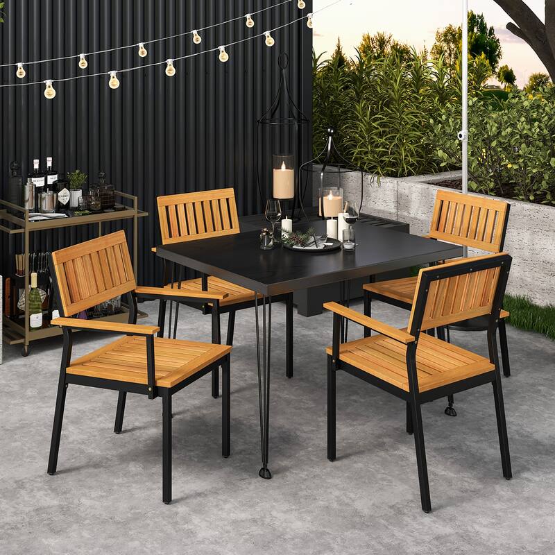 Gymax Dining Chair Set of 2 w/Acacia Wood Backrest Slanted Seat