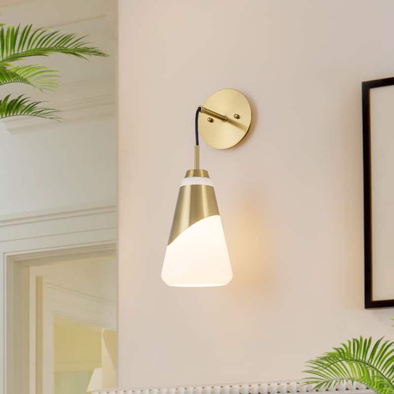 1-Light Brushed Gold Swing Arm Wall Sconce Cone Opal Glass Modern
