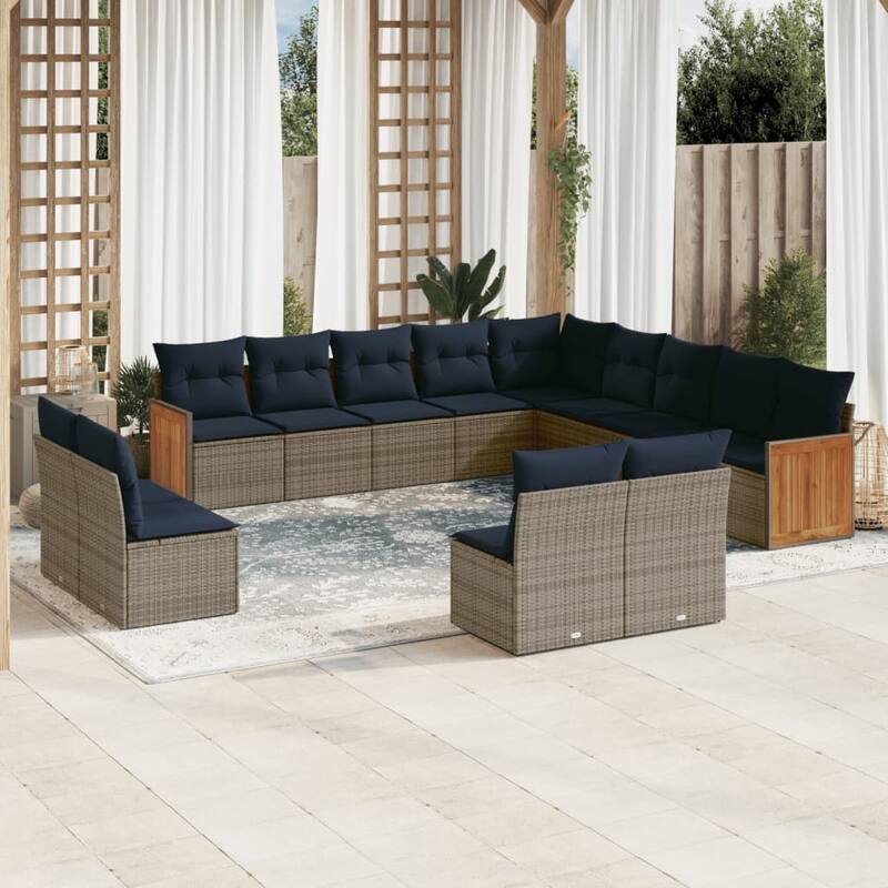 vidaXL 13/14 Piece Patio Sofa Set with Cushions Black/Gray Poly Rattan - 21.7 x 24.4 x 27.2 - Gray Without table