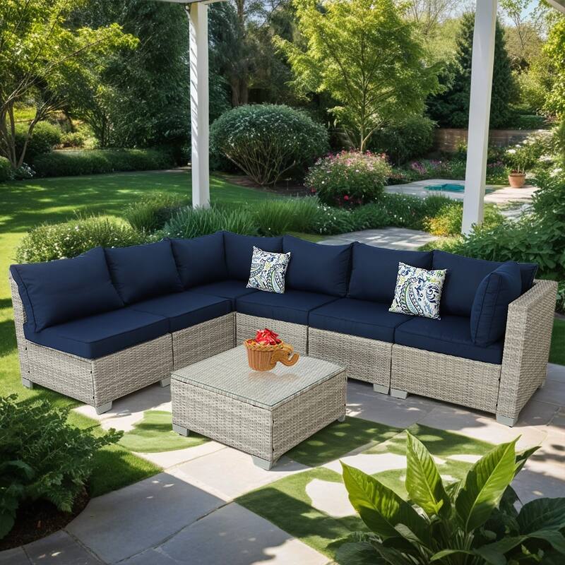 7-Piece Wicker Outdoor Sectional Set with Glass Table and Cushions