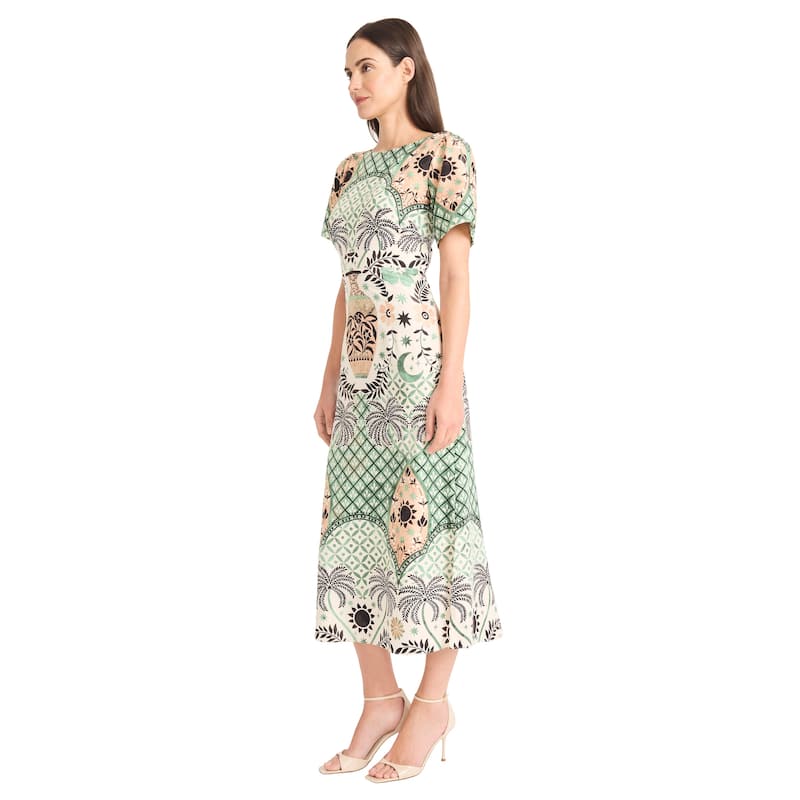 Maggy London Boatneck Short Sleeve Sheath Midi Dress With V Back And Back Zipper