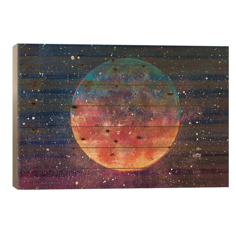 Big Moon Among Stars In The Universe Print On Wood by Valery Rybakow - Multi-Color - 18x26x1.5