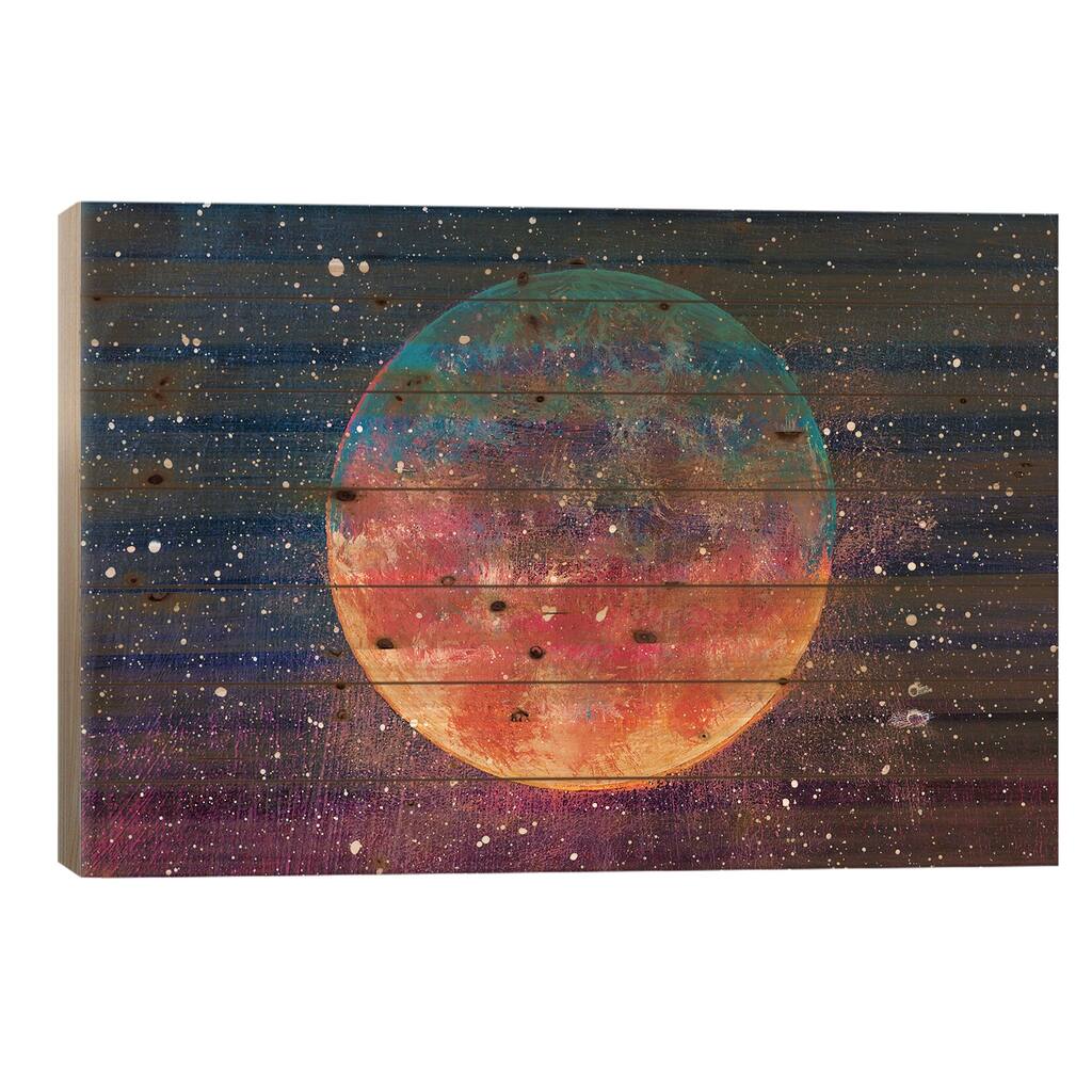 Big Moon Among Stars In The Universe Print On Wood by Valery Rybakow - Multi-Color