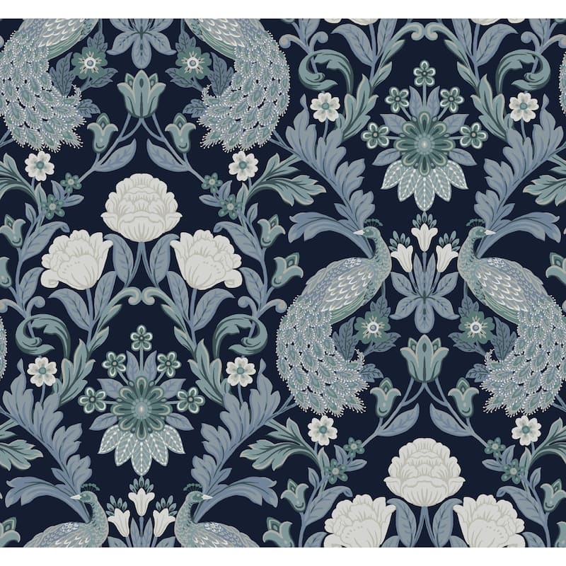 Eugene, Unpasted Non-Woven Plume Dynasty Wallpaper 27 in x 27 ft = 60.75 sq ft - Navy
