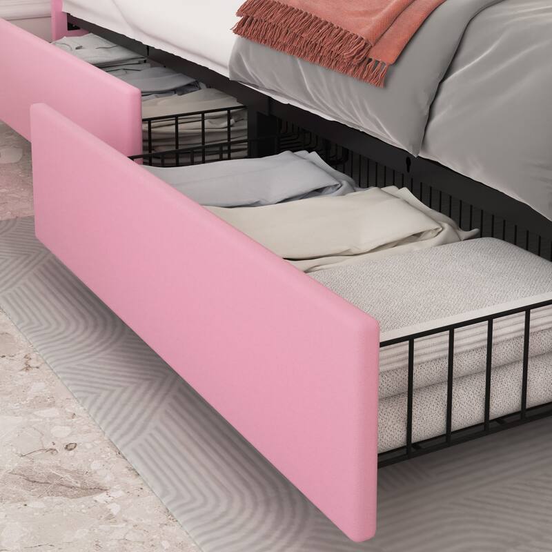 Pink Bed Frame with 4 Storage Drawers, Upholstered Platform Bed Frame with Adjustable Headboard