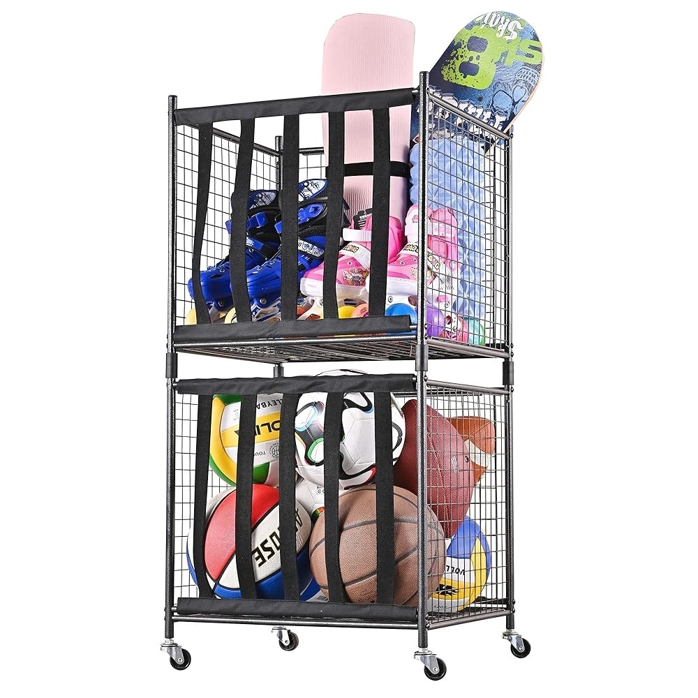 Rolling Sports Ball Storage Cart,1/2 Pack,Black