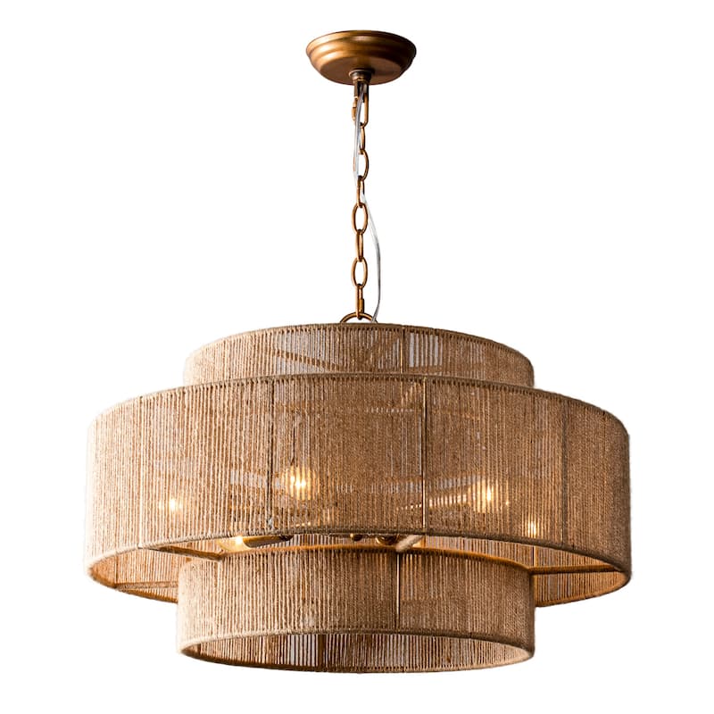 Bohemian Brown Hemp Rope Tiered Drum Chandelier Light - 23.62 "W x 15.16"H