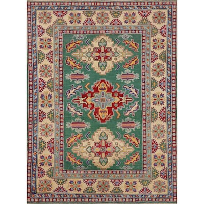 Green Geometric Kazak Oriental Area Rug Handmade Bedroom Wool Carpet - 5'0" x 6'7"