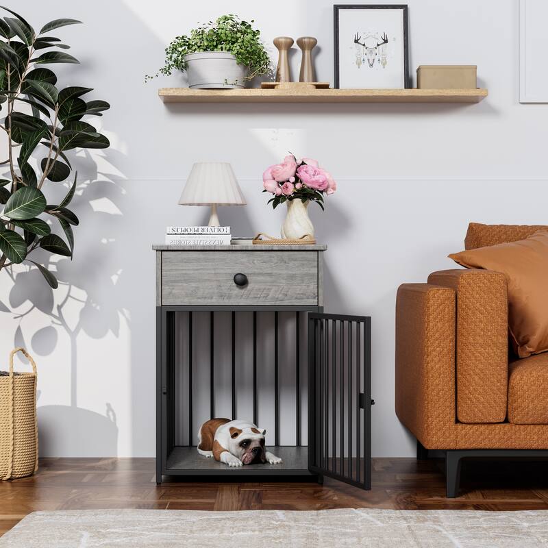 Dog Crate Furniture, Dog House, Decorative Dog Kennel with Drawer, Indoor Pet Crate End Table for Small Dog, Iron-Tube Dog Cage