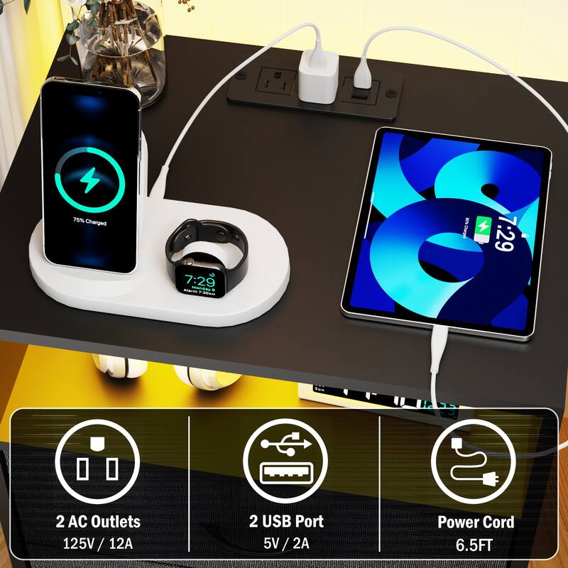 2 Pack Modern Nightstand with Charging Station, Bedside Tables with LED Light and Fabric Drawers
