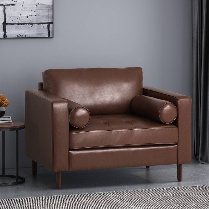 Roomfitters Faux Leather Club Chair with Tufted Seat, Bolster Pillows and Modern Wood Legs for Living Rooms, Dark Brown
