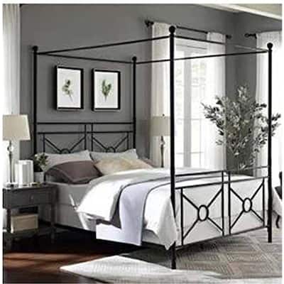 Queen Canopy Bed Frame - Seaside Serenity Black Metal Bed - Elegant Bedroom Decor - Headboard & Rails Included