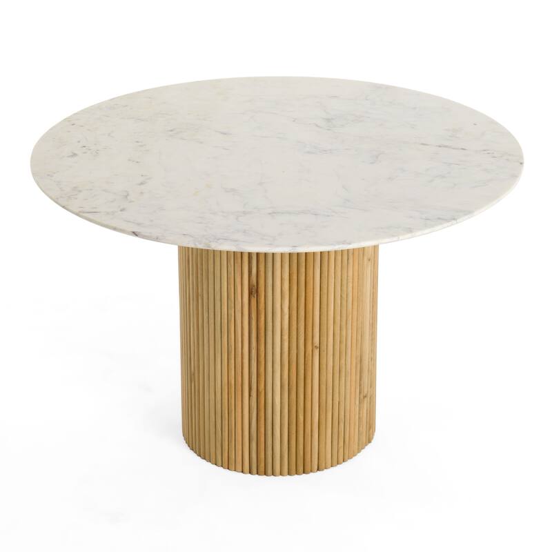 Cid Jolie Dining Table, Fluted Brown Wood, Round Carrara Marble Top, 47 Inch - Brown, White