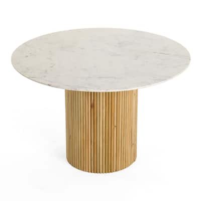 Cid Jolie Dining Table, Fluted Brown Wood, Round Carrara Marble Top, 47 Inch - Brown, White